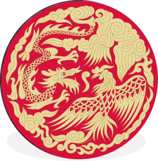 WallCircle - Wandcirkel - Muurcirkel - Traditionele Chinese illustratie van een draak en een feniks - Aluminium - Dibond - ⌀ 30 cm - Binnen en Buiten