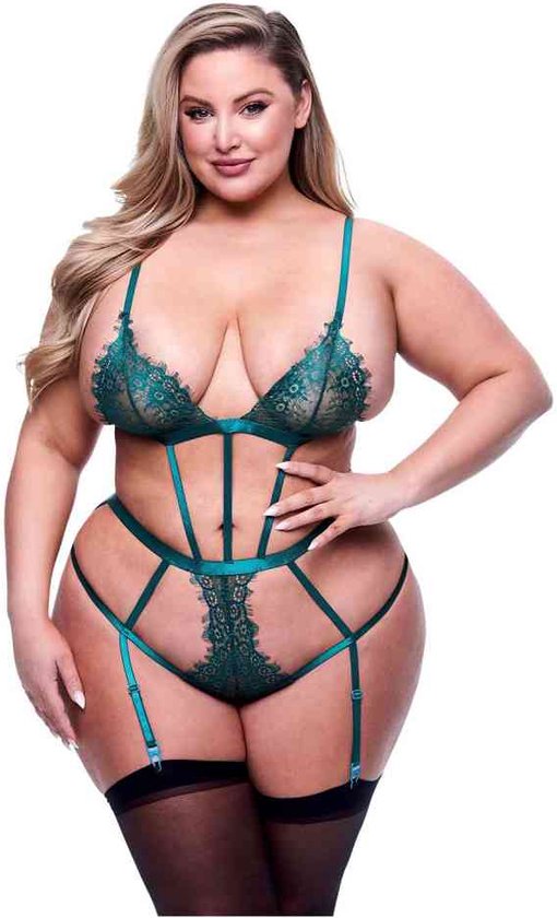 Baci Lingerie Teddy Body Sexy Strappy Lace Teddy With Garters, Queen Size Groen