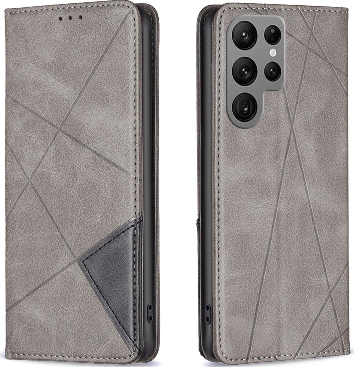 Mobigear Telefoonhoesje geschikt voor Samsung Galaxy S23 Ultra Hoesje | Mobigear Rhombus Slim Bookcase | Pasjeshouder voor 2 Pasjes | Telefoonhoesje voor Pinpas / OV Kaart / Rijbewijs - Grijs