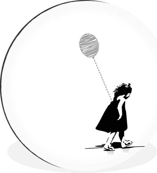 WallCircle - Wandcirkel - Muurcirkel - Kinderillustratie van een meisje met een blauwe ballon - zwart wit - Aluminium - Dibond - ⌀ 30 cm - Binnen en Buiten