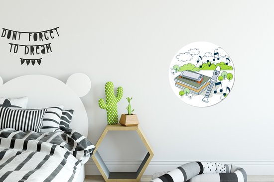 Illustrations d'une flûte avec arbres et notes de musique Cercle mural aluminium ⌀ 30 cm - Tirage photo sur cercle mural / cercle vivant / cercle de jardin (décoration murale)