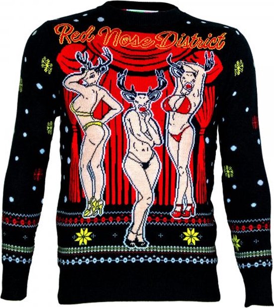 Red nose disctrict, strippende rendieren Foute kersttrui - Maat: L - Gebreide kersttrui - Heren kersttrui - Dames kersttrui - Foute kersttruien - Kerst outfit - Kerstkleding - Lelijke kersttrui - Gekke kersttrui -