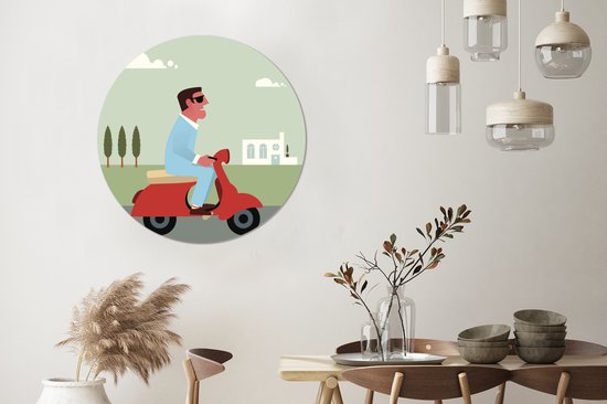 Illustration d'un homme sur un mur Vespa rouge cercle aluminium ⌀ 90 cm - tirage photo sur cercle mural / cercle vivant / cercle jardin (décoration murale)
