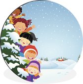 WallCircle - Wandcirkel - Muurcirkel - Een illustratie van kinderen die zich verstoppen in de sneeuw - Aluminium - Dibond - ⌀ 90 cm - Binnen en Buiten