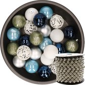 Boules de Boules de Noël Decoris - 37x pièces - 6 cm - blanc/vert/argent/bleu - avec guirlande de perles - plastique