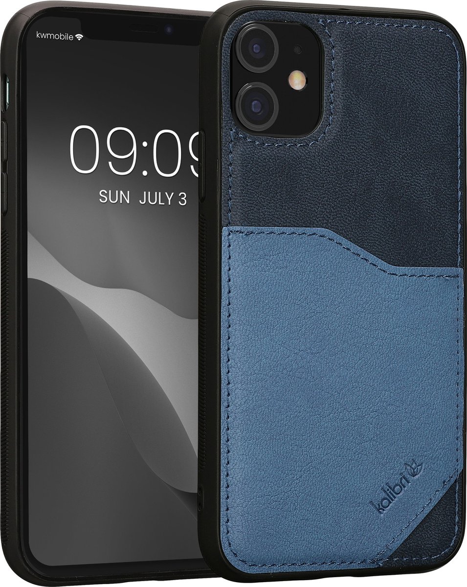 kalibri telefoonhoesje compatibel met Apple iPhone 11 - Back cover synthetisch leer met pashouder - In donkerblauw / lichtblauw