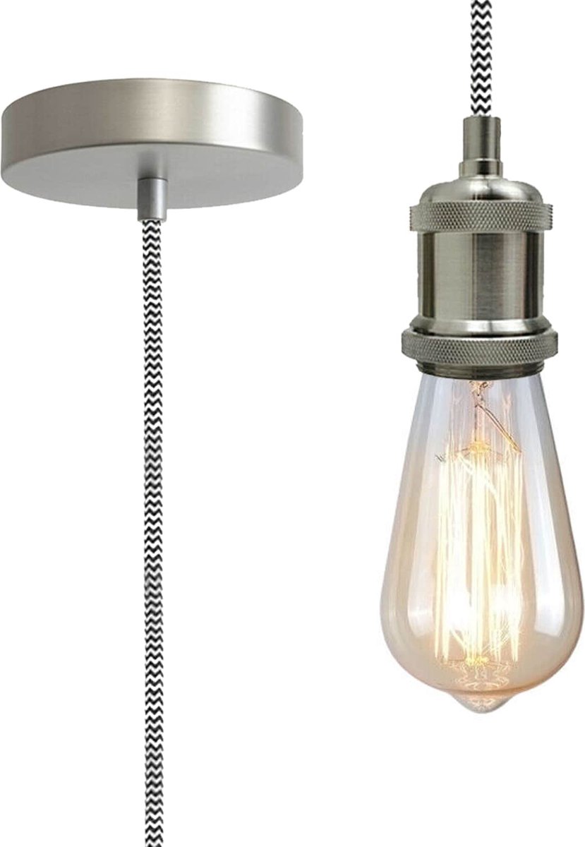 Satijn nikkel Vintage metalen plafondlamp fitting - zwart-wit ronde
