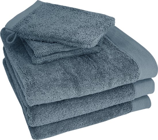HOOMstyle Badgoedset 3 x Handdoeken 70x140cm en 3 x Washandjes - 100% Katoen 650gr - Denim Blauw