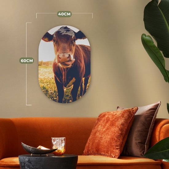 Ovale Mural - Décoration murale Plastique - Tableau Ovale - Vache - Coucher de Soleil - Fleurs - Prairie - 40x60 cm - Forme Miroir Ovale sur Plastique