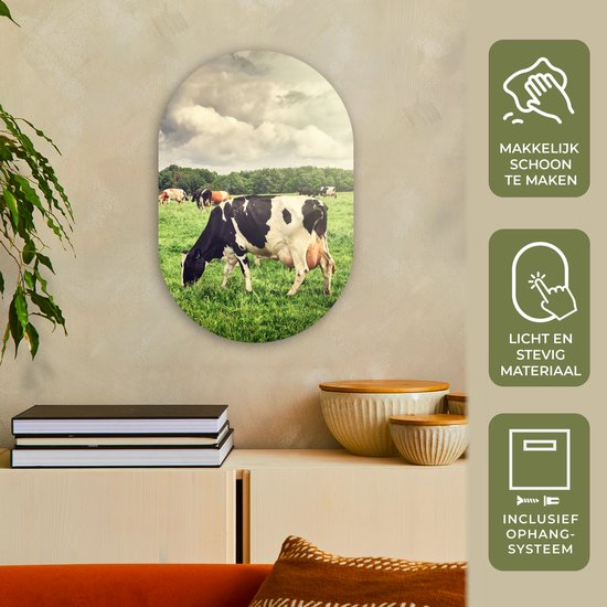 Ovale Mural - Décoration murale Plastique - Tableau Ovale - Vaches - Pâturage - Nature - Animaux - Paysage - 40x60 cm - Miroir ovale sur plastique