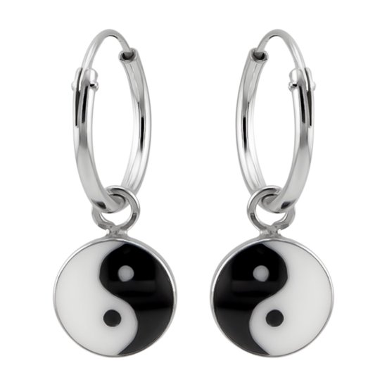 Zilveren oorbellen | Oorringen met hanger | Zilveren oorringen met hanger, yin en yang