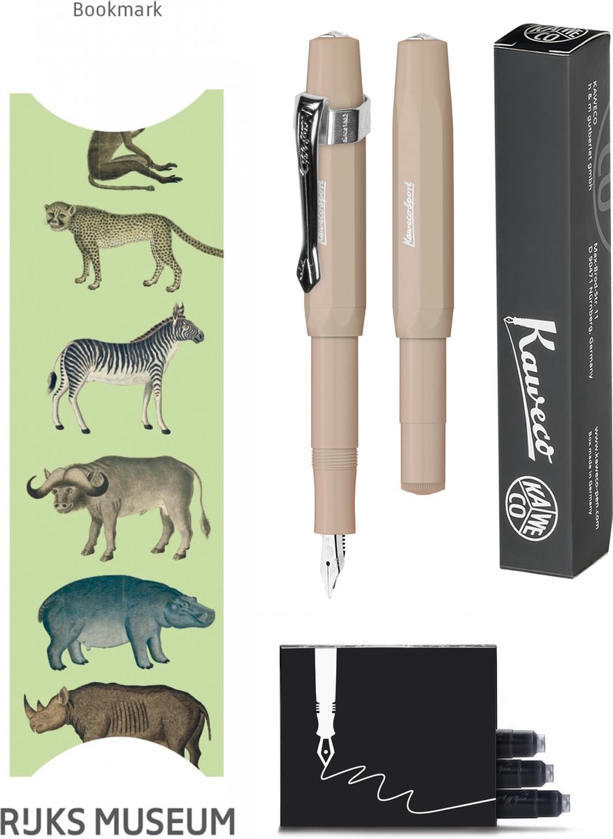 Kaweco - Vulpenset - 4delig - Vulpen Sport Skyline Macchiato Fountain Pen - Medium - Nostalgic Octagonal Clip Chrome - Doosje zwarte vullingen - Bekking & Blitz Boekenlegger -nr26