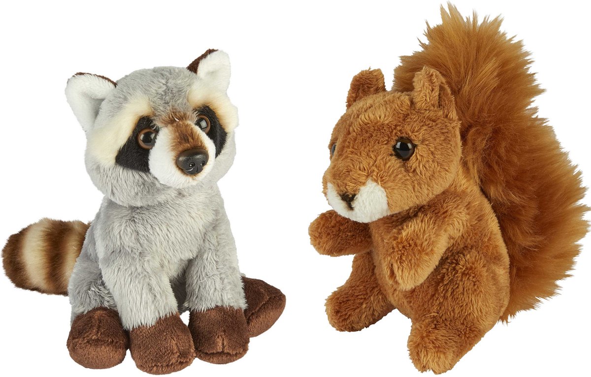 Ravensden - Bosdieren pluche knuffels - 2x stuks - Wasbeer en Eekhoorn - 15 cm