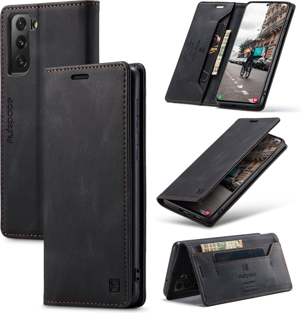 Luxe Flip Case met RFID Bescherming Kaarthouder en Magneetsluiting voor Samsung Galaxy S21 FE 5G _ Zwart