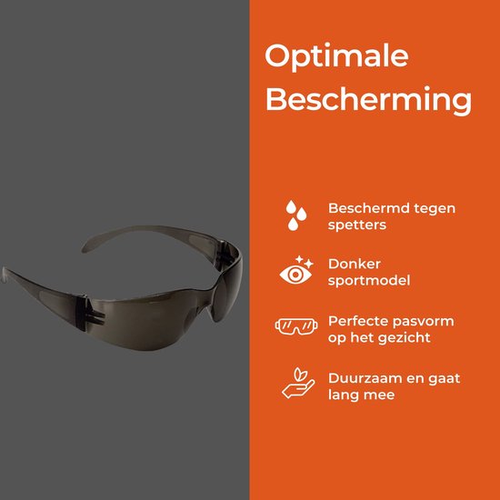 Donkere sportbril, donkere lenzen, perfecte pasvorm, duurzaam.