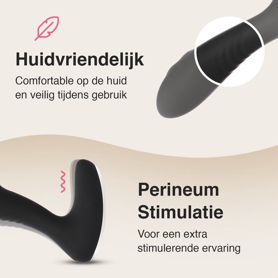 Zwart anatomisch gevormd speeltje met focus op perineum stimulatie.