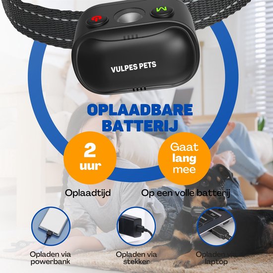 Zwarte anti-blaf halsband met oplaadbare batterij, die opgeladen kan worden via powerbank, stekker of laptop.