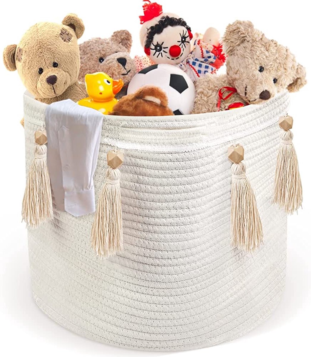Goedkoopste Gevlochten touwmanden grote mand gemaakt van katoen touw wasmand opbergmand gevlochten ronde geschenkmand met handvatten speelgoedopslag voor kinderkamer organisatie van wasgoed, wit