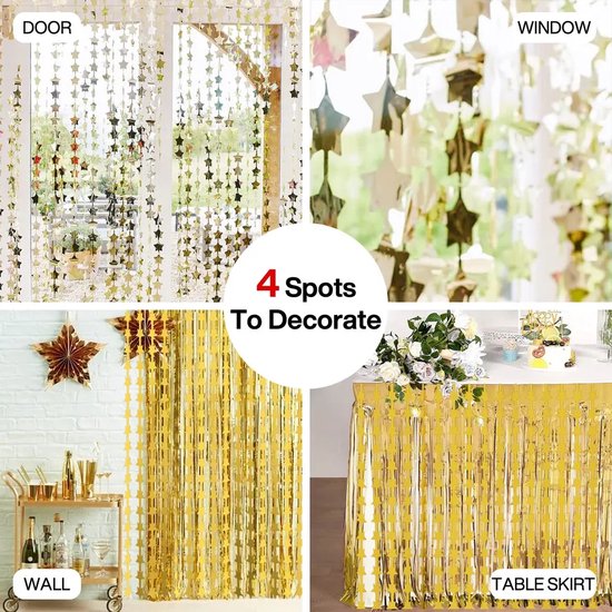 2 Stuks Klatergoud Gordijnen, Goud Glitterfolie Franje Gordijn Achtergrond Streamers, Metalen Klatergoud Folie Gordijnen Achtergrond Streamers voor Bruiloft Verjaardag Feestdecoraties