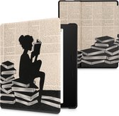 kwmobile hoes geschikt voor Amazon Kindle Oasis 10. Generation - Magnetische sluiting - E reader cover in zwart / beige - Meisje met boeken design
