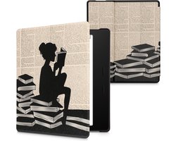 kwmobile e-reader hoesje geschikt voor Amazon Kindle Oasis 10. Generation hoes - E reader flip case met magnetische sluiting - Ereader cover - Meisje met boeken design in zwart / beige