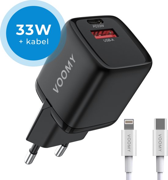 Chargeur Voomy 33W + Câble Lightning - USB-C & USB-A - Chargeur Rapide Apple Iphone 11 / 12 / 13 / 14 & Samsung S20 / S21 / S22 / A53 - Adaptateur Universel - Zwart