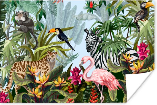 Poster Jungle - Natuur - Jongens - Meisjes - Kinderen - Zebra - Flamingo - 60x40 cm