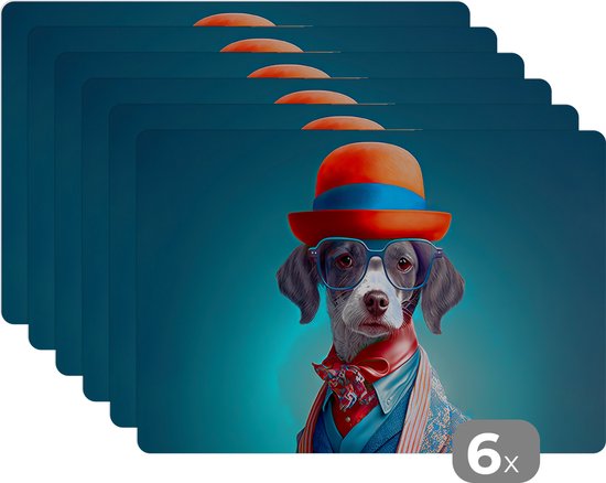 Foto: Placemat placemats kunststof hond colbert bloemen portret blauw 45x30 cm 6 stuks hittebestendig anti slip onderlegger afneembaar