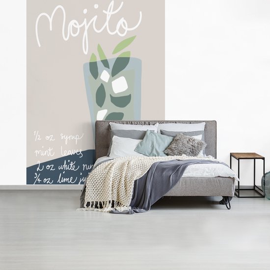 Behang - Fotobehang Mojito - Cocktail - Groen - Recept - Breedte 205 cm x hoogte 280 cm - Behangpapier