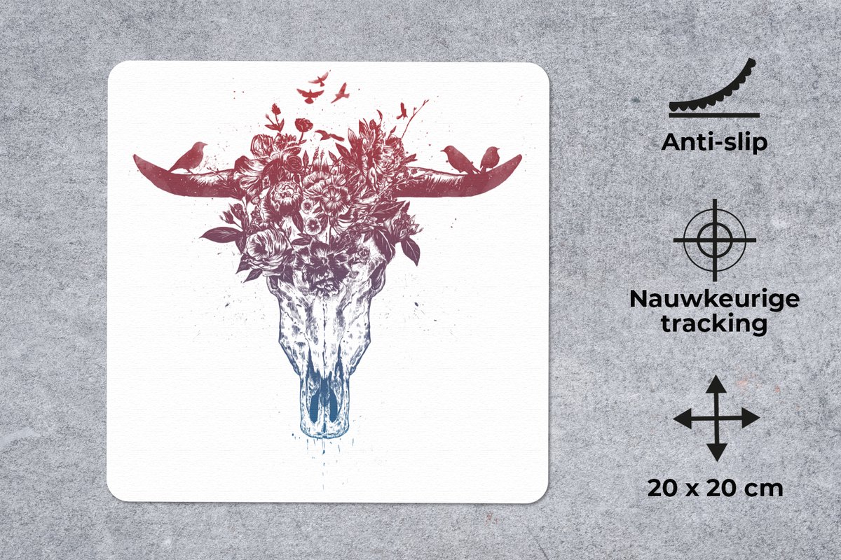 Muismat 20x20 cm - Mousepad Schedel - Natuur - Vogels - Hoorns - Muismatten