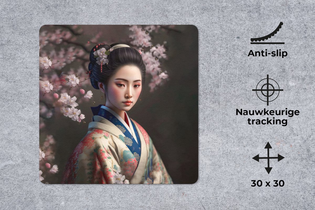 Muismat 30x30 cm - Mousepad Vrouw - Sakura - Kimono - Aziatisch - Portret - Muismatten
