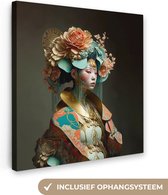Canvas Schilderij Vrouw - Bloemen - Oranje - Portret - Asian - 90x90 cm - Wanddecoratie