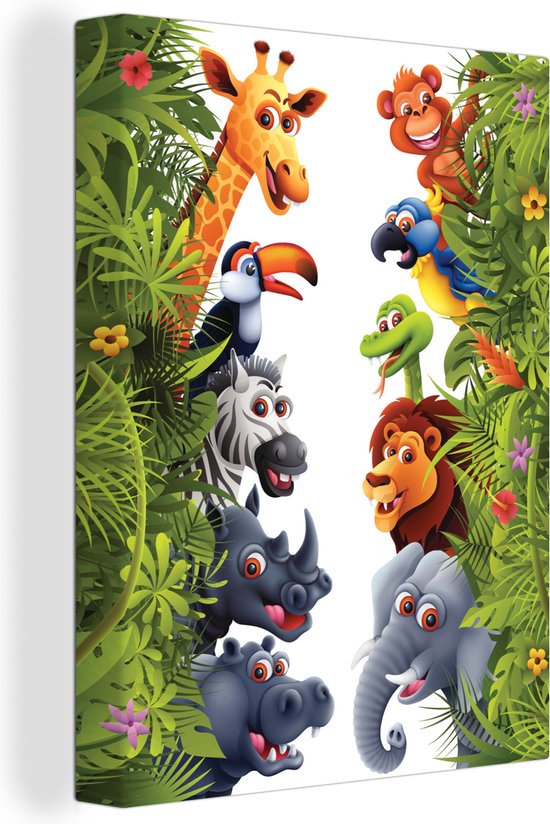 Canvas Schilderij Jungle - Dieren - Jongens - Meisjes - Giraf - Olifant - Kids - 30x40 cm - Wanddecoratie