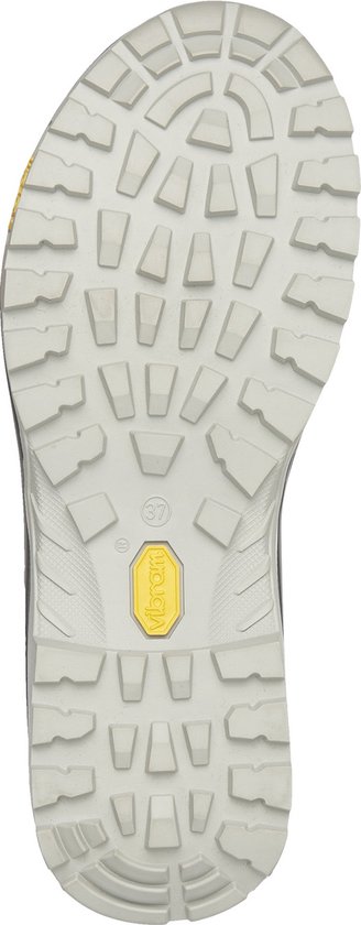 Grijze Grisport wandelschoen zool met profiel en "Vibram" logo.