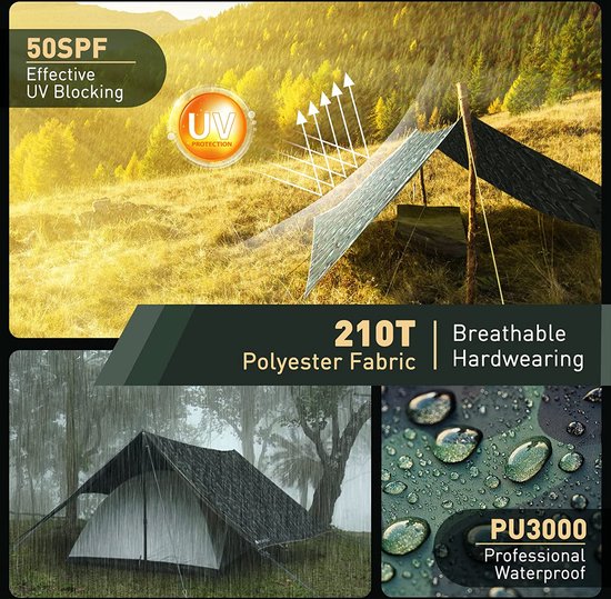 Tarp waterdicht, 3x3/3x4M camping tent camouflage, anti-UV sneeuw regen zonbescherming, ultralicht draagbaar, voor hangmat, buitenactiviteiten - ‎V VONTOX