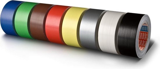 Rollen ducttape in blauw, groen, bruin, rood, geel, grijs, wit en zwart.