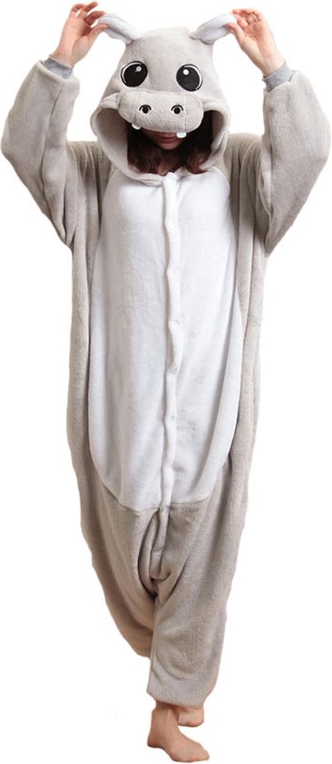 Nijlpaard Grijs Onesie Pak Kostuum Outfit Huispak Jumpsuit Verkleedpak - Verkleedkleding - Halloween & Carnaval - SnugSquad - Kinderen & Volwassenen - Unisex - Maat L voor Lichaamslengte (168 - 175 cm)