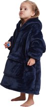 Fleece kinder poncho - plaid met mouwen en capuchon voor kinderen - oversized hoodie kind - hoodie plaid voor kinderen - fleece deken met mouwen – hoodie blanket - TV deken – zacht & warm - maat 116 t/m 134 - blauw