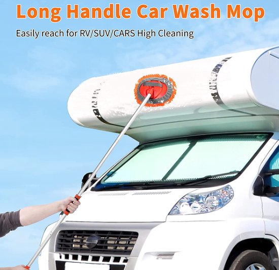 Autowasborstel, 118 cm, met telescoopsteel, 2-in-1 microvezel, chenille autowasmop, lange handgreep, multifunctionele reinigingsborstel voor auto, camper, vrachtwagen, caravan, camper (3 x dweilkop