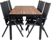 Salon de jardin en bois ensemble table 90x205cm et 6 chaises Break noir, naturel.