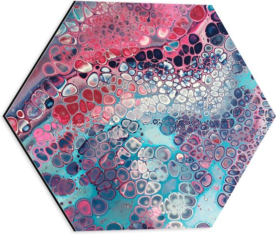 Dibond Hexagon - Abstracte Vormen en Stippen in het Roze, Paars en Blauw - 40x34.8 cm Foto op Hexagon (Met Ophangsysteem)