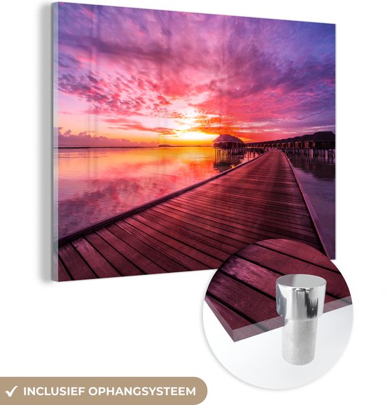 MuchoWow - Glasschilderij - Foto op glas - Pier - Horizon - Roze - Zon - Zee - Schilderij zee - Afbeelding op glas - Acrylglas - Wanddecoratie - 120x90 cm - Schilderijen woonkamer