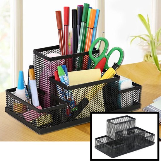 Decopatent® Pennenbak met 4 vakken - Pennenhouder - Desk - Bureau organizer - Pennenbakje - Metaal - Mesh - Pennenbakjes - Zwart