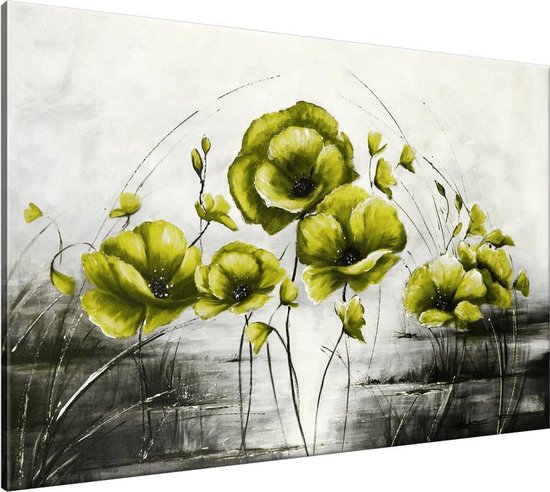 Schilderij handgeschilderd Klaproos | Groen , Geel , Grijs | 210x100cm 7Luik