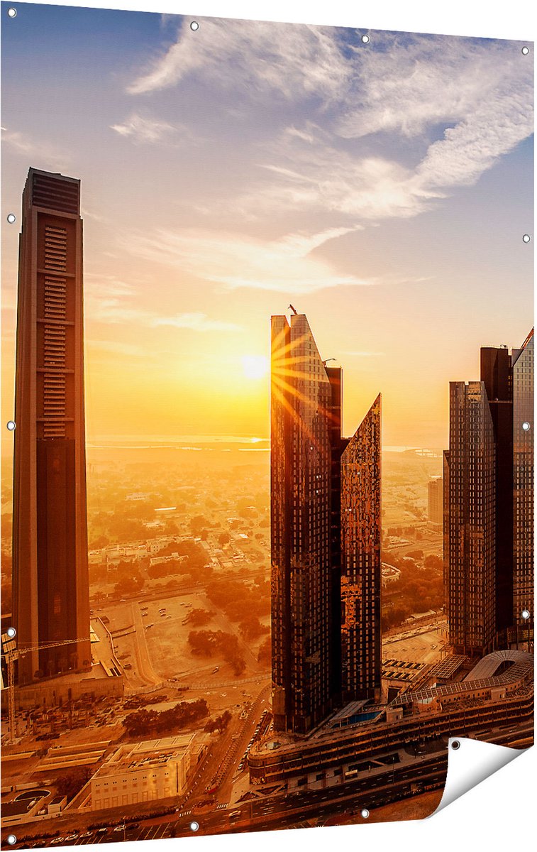 Gards Tuinposter Dubai Stad bij Zonsopgang - 120x160 cm - Tuindoek - Tuindecoratie - Wanddecoratie buiten - Tuinschilderij Multikleur