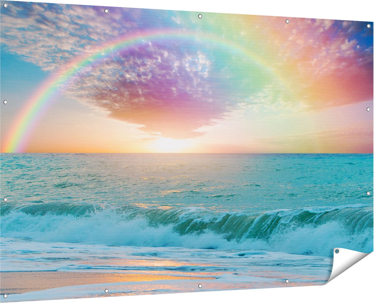 Gards Tuinposter Regenboog in het Water bij het Strand - 180x120 cm - Tuindoek - Tuindecoratie - Wanddecoratie buiten - Tuinschilderij Multikleur