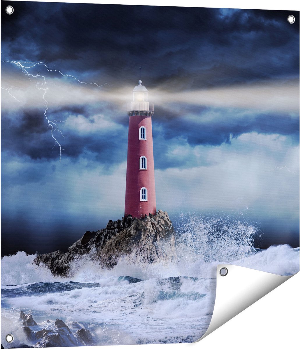 Gards Tuinposter Vuurtoren op een Storm Zee met Golfen Water - 70x70 cm - Tuindoek - Tuindecoratie - Wanddecoratie buiten - Tuinschilderij Multikleur