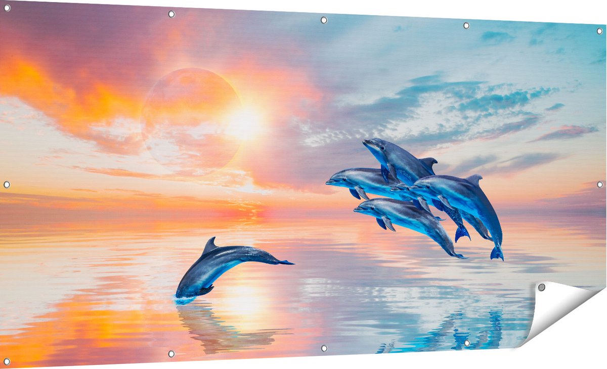 Gards Tuinposter Groep Dolfijnen Springen uit het Water - 180x90 cm - Tuindoek - Tuindecoratie - Wanddecoratie buiten - Tuinschilderij Multikleur