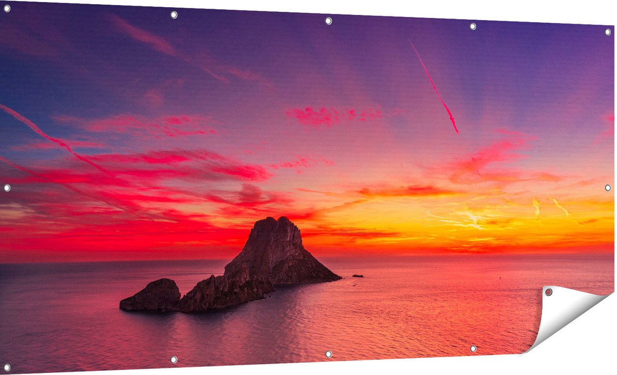Gards Tuinposter Ibiza Rotsen Eiland bij Zonsondergang - 180x90 cm - Tuindoek - Tuindecoratie - Wanddecoratie buiten - Tuinschilderij Multikleur