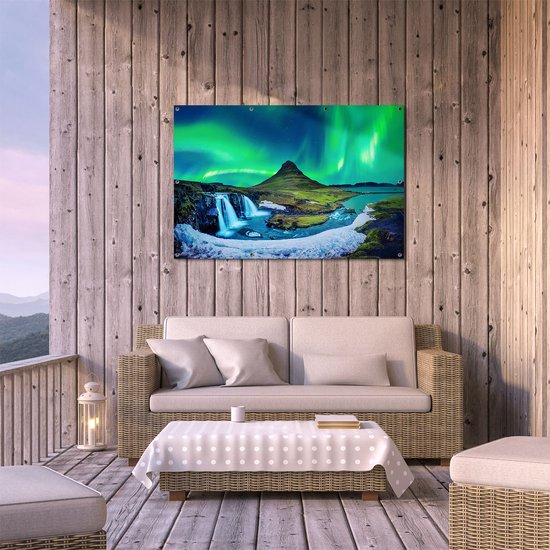Gards Tuinposter Noorderlicht bij de Watervallen in IJsland - 120x80 cm - Tuindoek - Tuindecoratie - Wanddecoratie buiten - Tuinschilderij